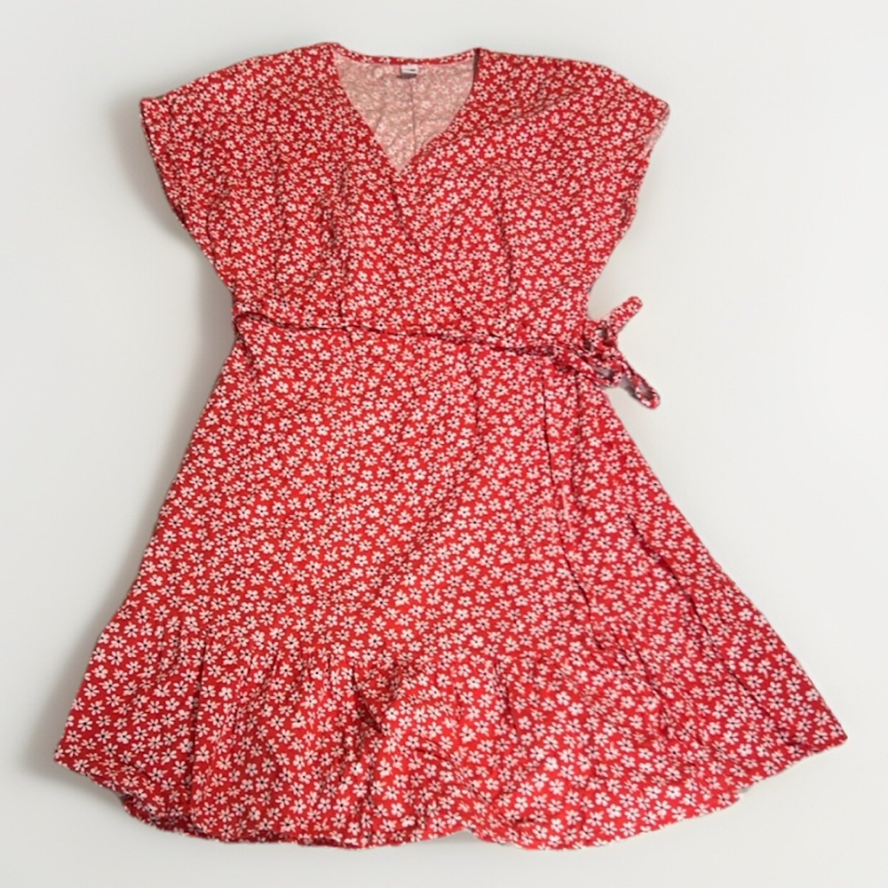 Old Navy Orange Ditzy Floral wrap dress with white flowers sz L